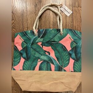 Tommy Bahama Tropical Leaves Beach bag NWT Nautical Canvas Pink Green Jute